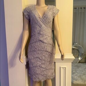 Scarlett Nite Lace V-Neck Midi Dress in Light Gray with sequins